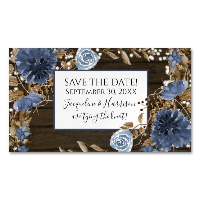 Navy Dusty Blue Floral Rustic Wood Save the Date Magnetic Business Card (Front)