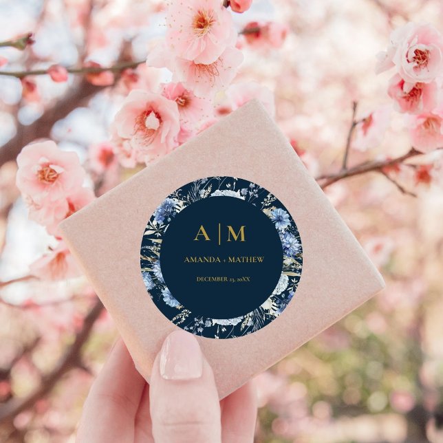 Navy Dusty Blue Floral Spring Bloom Wedding Classic Round Sticker (Creator Uploaded)