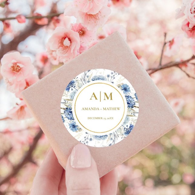 Navy Dusty Blue Floral Spring Bloom Wedding Classic Round Sticker (Creator Uploaded)