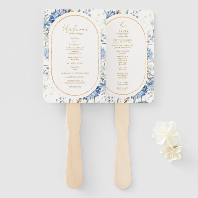 Navy Dusty Blue Floral Spring Bloom Wedding Hand Fan (Front and Back)