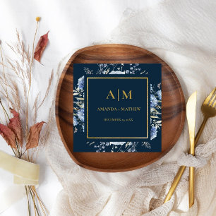 Navy Dusty Blue Floral Spring Bloom Wedding Napkin