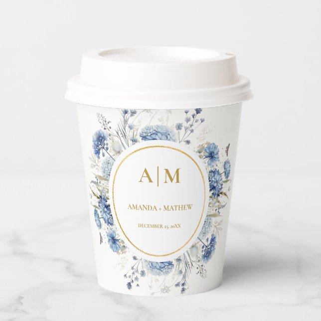 Navy Dusty Blue Floral Spring Bloom Wedding Paper Cups (Front)
