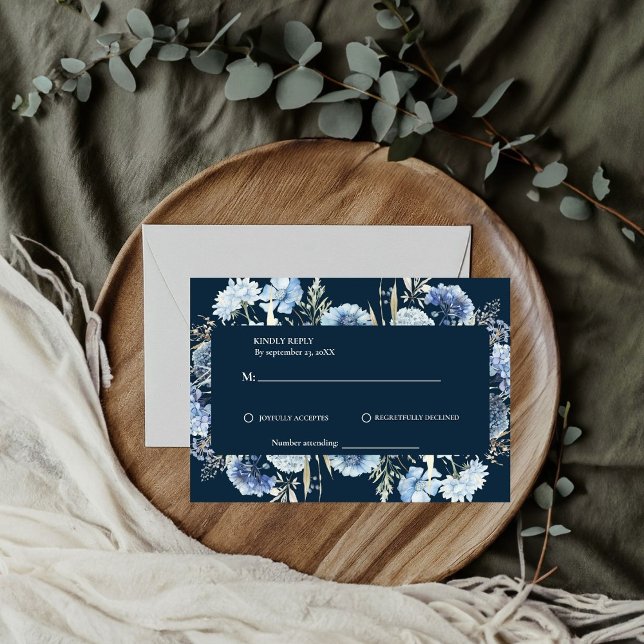 Navy Dusty Blue Floral Spring Bloom Wedding  RSVP Card (Creator Uploaded)