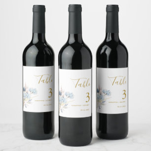 Navy Dusty Blue Floral Spring Bloom Wedding  Table Wine Label