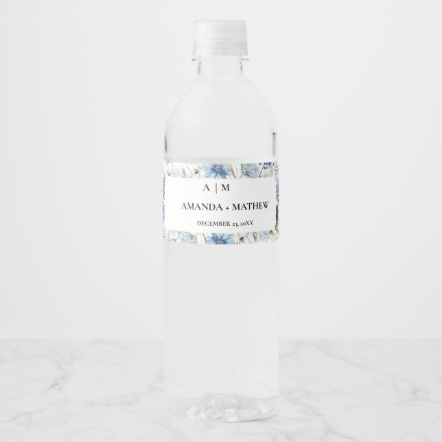 Navy Dusty Blue Floral Spring Bloom Wedding Water Bottle Label (Front)