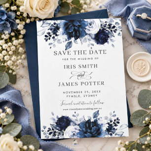 Navy Dusty Blue Floral Wedding Save the Date Card