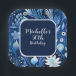 Navy Dusty Blue Flowers 50th Birthday  Paper Plate<br><div class="desc">Add a touch of elegance to your birthday celebration with these custom 7" square paper plates, designed with whimsical navy blue and dusty blue flowers. Perfect for women’s birthday parties, these plates can be personalised with the guest of honour’s name and age in a beautiful handwritten script font. Whether you’re...</div>