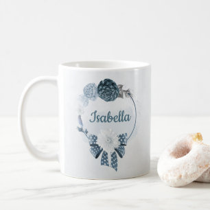 navy dusty blue flowers botanical  coffee mug