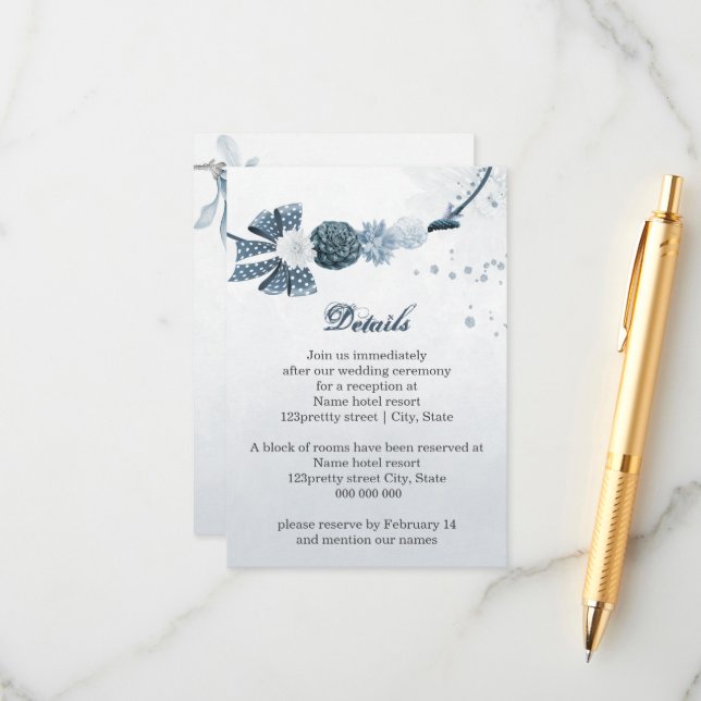 navy dusty blue flowers botanical  details enclosure card (Front/Back In Situ)
