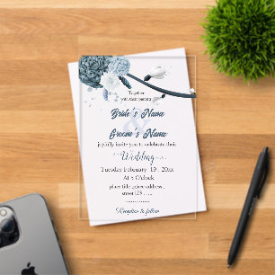 navy dusty blue flowers botanical wedding acrylic invitations