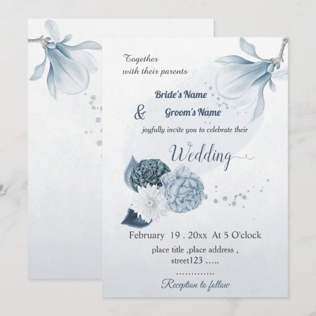 navy dusty blue flowers botanical wedding invitation (Front/Back)