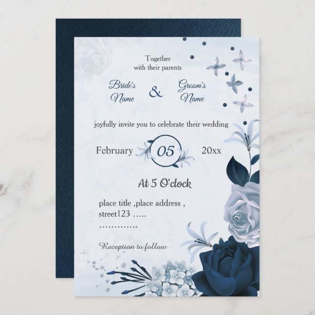 navy & dusty blue flowers botanical wedding invitation (Front/Back)