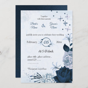 navy & dusty blue flowers botanical wedding invitation
