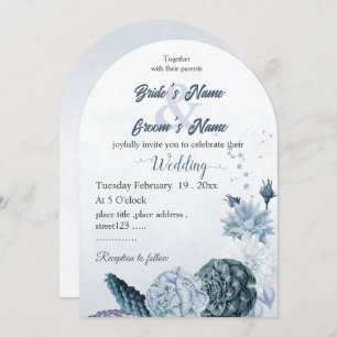 navy dusty blue flowers botanical wedding invitation