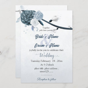 navy dusty blue flowers botanical wedding invitation