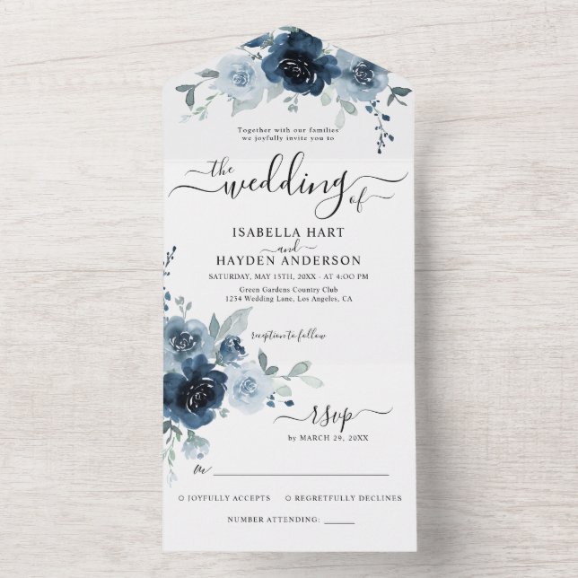 Navy Dusty Blue Flowers Botanical Wedding RSVP All In One Invitation (Inside)