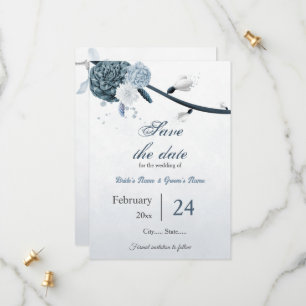 navy dusty blue flowers botanical wedding save the date