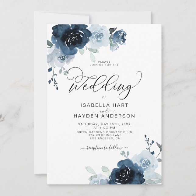 Navy Dusty Blue Flowers Floral Wedding Invitation (Front)