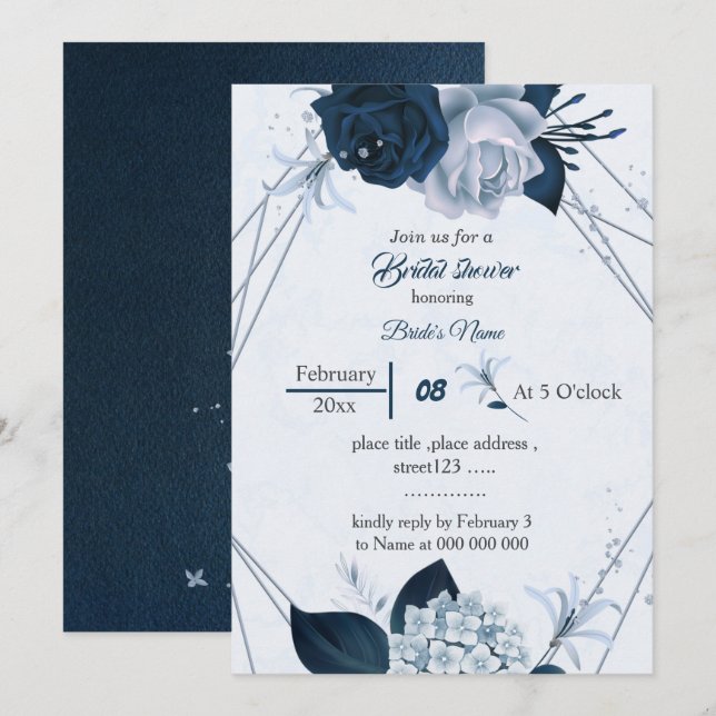 navy &dusty blue flowers geometric bridal shower invitation (Front/Back)