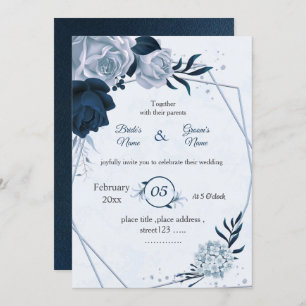 navy & dusty blue flowers geometric wedding invitation