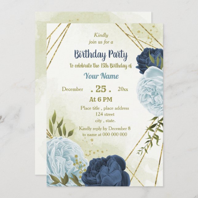 navy dusty blue flowers green leaves birthday invitation (Front/Back)
