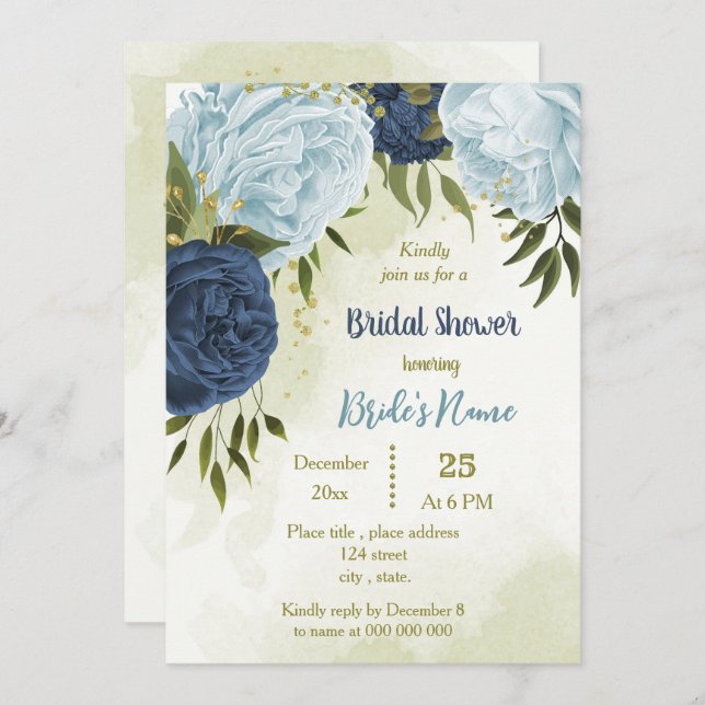 navy dusty blue flowers green leaves bridal shower invitation (Front/Back)