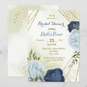 navy dusty blue flowers green leaves bridal shower invitation