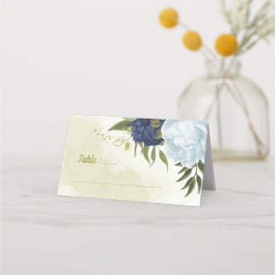 navy dusty blue flowers green leaves  place card