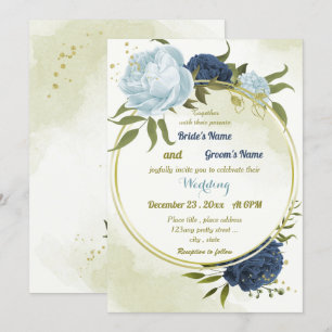 navy dusty blue flowers green leaves wedding invitation