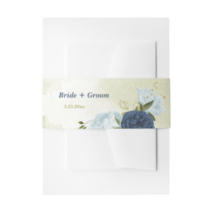 navy dusty blue flowers green leaves wedding invitation belly band