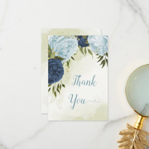 navy dusty blue flowers green leaves wedding thank you card