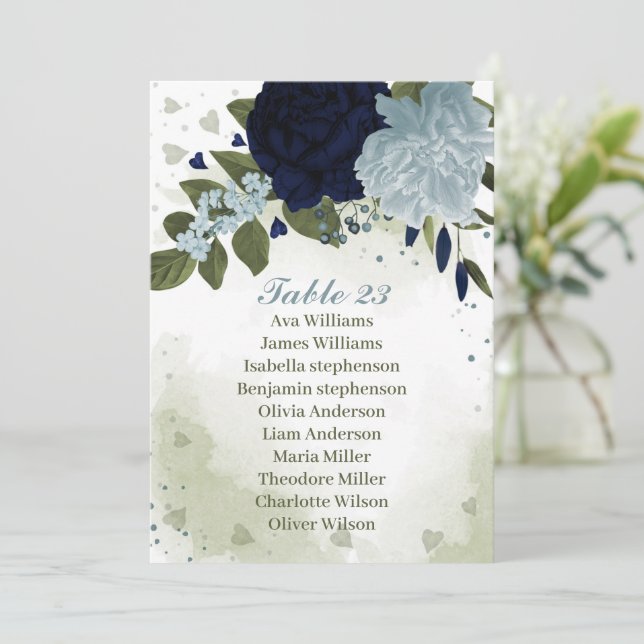 navy & dusty blue flowers green seating chart card (Standing Front)