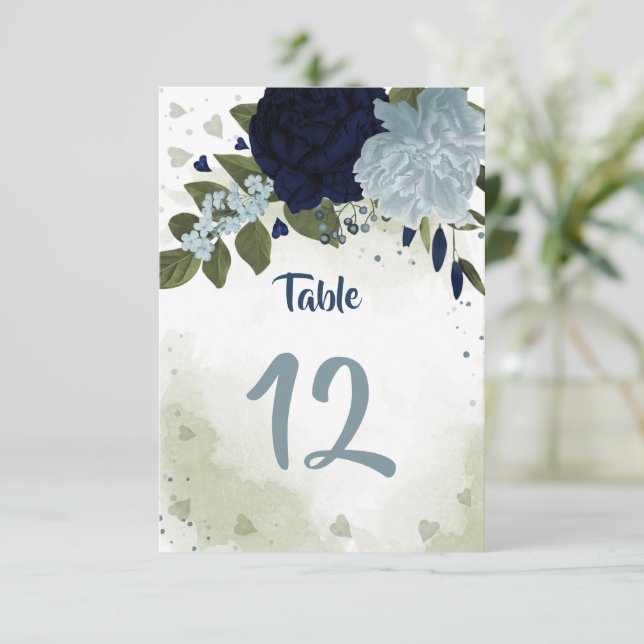 navy & dusty blue flowers green table number (Standing Front)