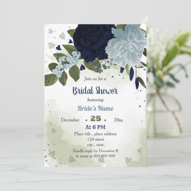 navy & dusty blue  flowers greenery bridal shower invitation (Standing Front)