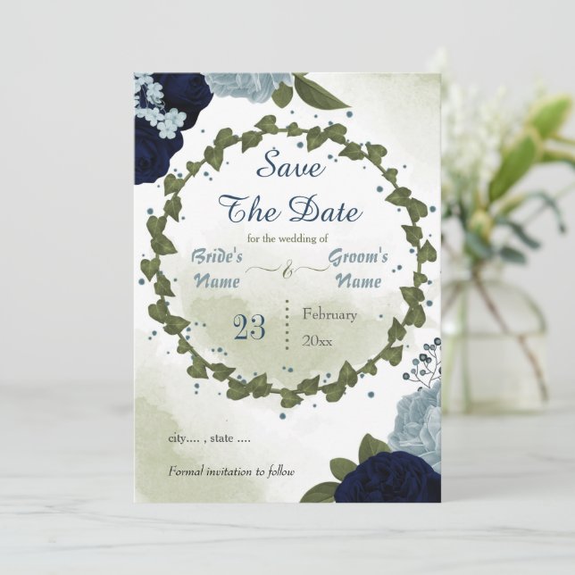 navy & dusty blue flowers greenery wreath save the date (Standing Front)