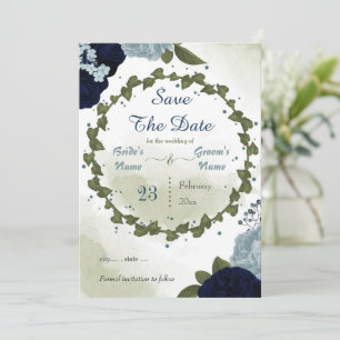 navy & dusty blue flowers greenery wreath save the date
