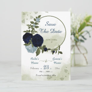 navy & dusty blue flowers greenery wreath save the date