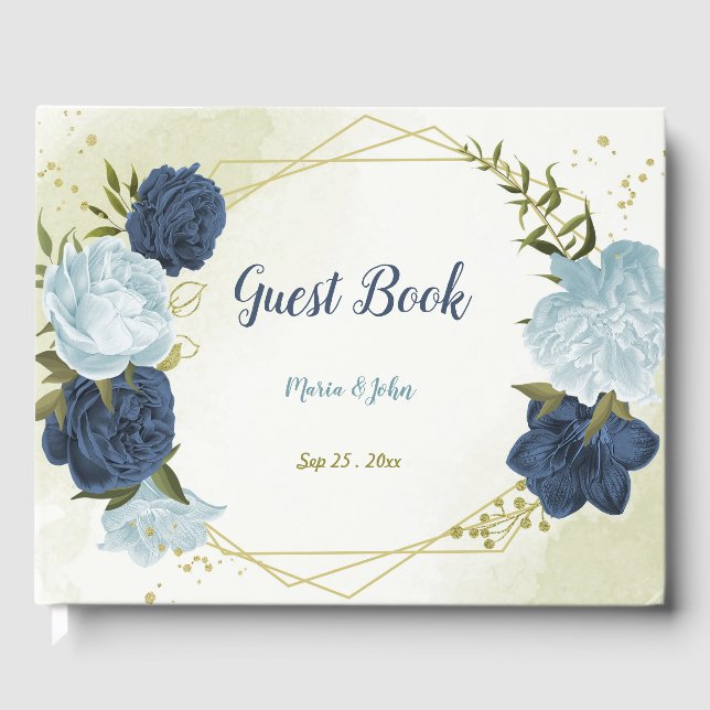 navy dusty blue flowers  guest book (Front)