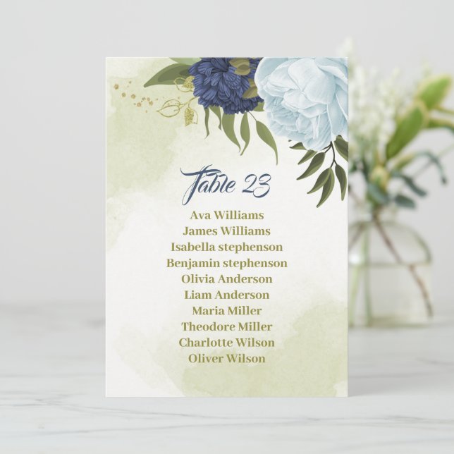 navy dusty blue flowers seating chart card (Standing Front)