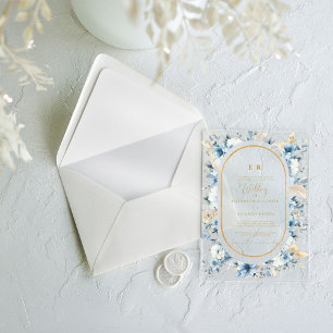 Navy Dusty Blue Gold Floral Spring Bloom Wedding Acrylic Invitations