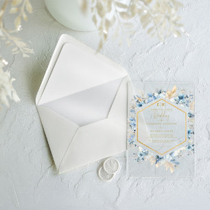 Navy Dusty Blue Gold Floral Spring Bloom Wedding  Acrylic Invitations