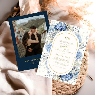 Navy Dusty Blue Gold Floral Spring Bloom Wedding  Invitation