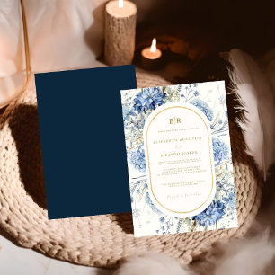 Navy Dusty Blue Gold Floral Spring Bloom Wedding  Invitation