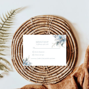 Navy Dusty Blue Gold Floral Spring Bloom Wedding RSVP Card