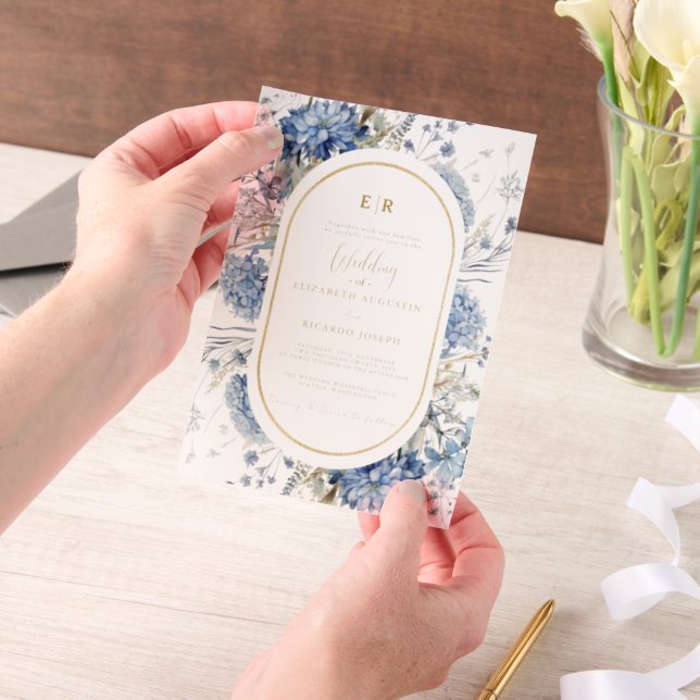 Navy Dusty Blue Gold Floral Spring Bloom Wedding  Vellum Invitations (Handheld)