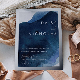 Navy Dusty Blue Ocean Watercolor Wedding Silver 
