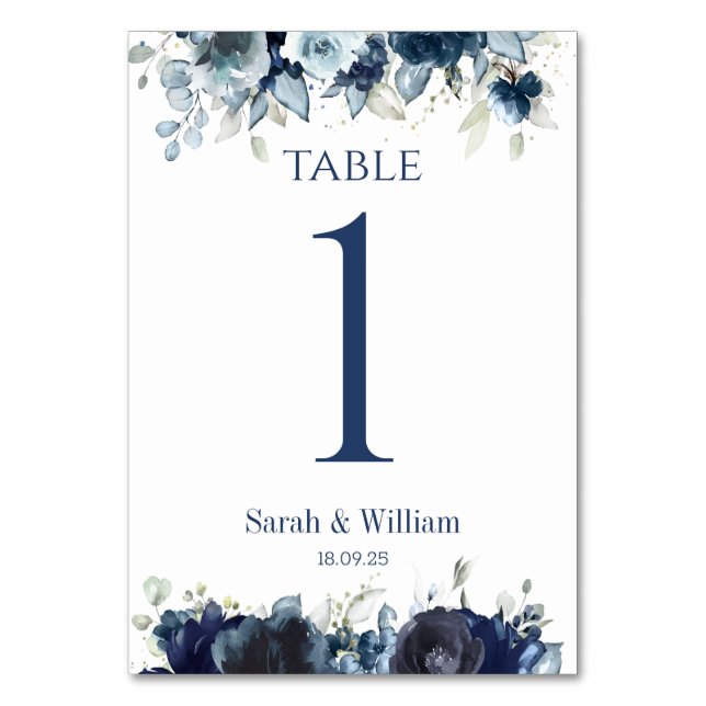 Navy & Dusty Blue Peony Wedding Table Number Card (Front)
