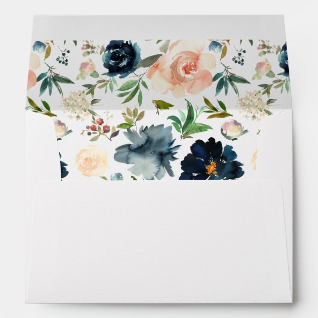 Navy & Dusty Blue, Pink Floral 2 Envelope (Back (Bottom))