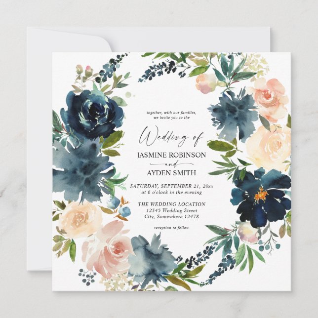 Navy, Dusty Blue & Pink Floral 2 Square Wedding  Invitation (Front)