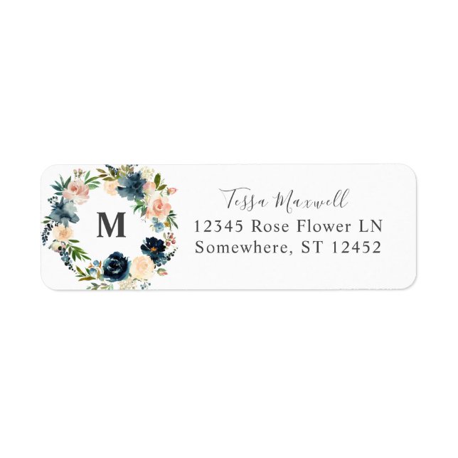 Navy & Dusty Blue Pink Floral Return Address Label (Front)